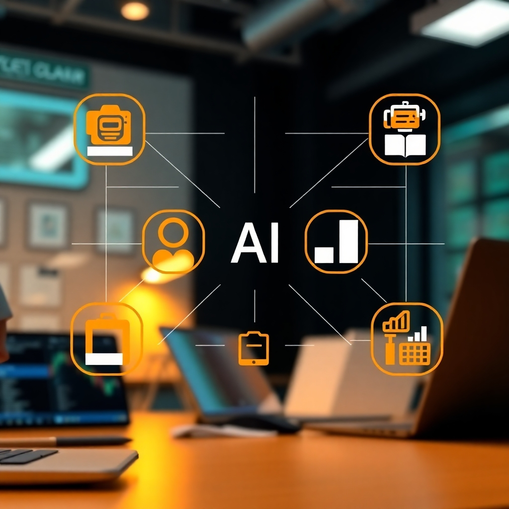 A detailed, stylized image showing the concept of AI agents defined through a digital interface. The composition includes icons representing various tasks like automation, decision-making, and efficiency, set against a backdrop of a modern tech workspace. The lighting is focused, highlighting the icons and creating a sense of activity. Colors are bright and engaging, focusing on oranges and blues. The camera angle is straight-on, emphasizing clarity and structure. Textures should be clean and digital, reflecting technology. This image should be in high resolution to maintain clarity and engagement.