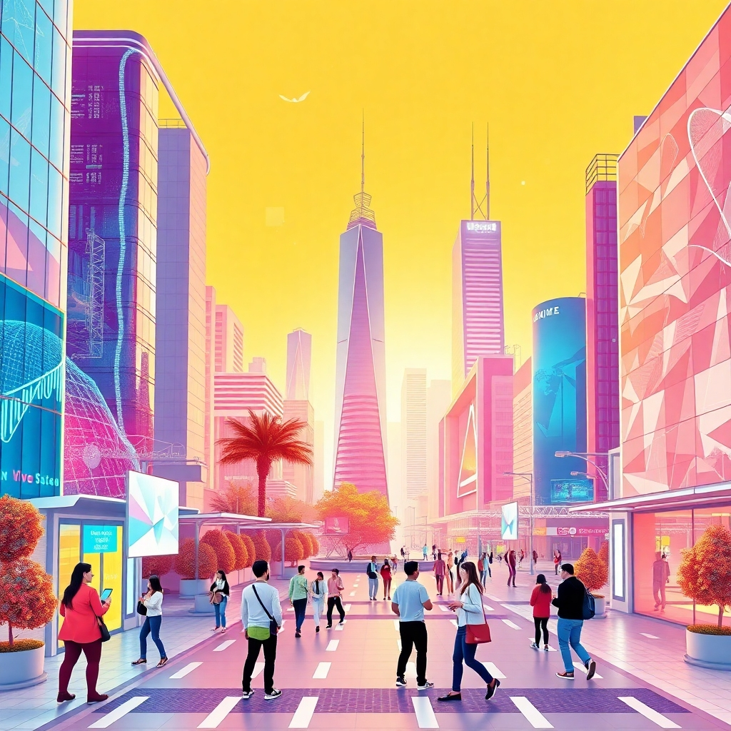 A dynamic image representing a smart cityscape with AI Voice Agents assisting citizens in navigating urban environments. The composition includes futuristic buildings, digital interfaces, and outdoor scenes showing people engaging with technology. Bright colors imply vibrancy and innovation, encapsulating the essence of livable, tech-driven cities.