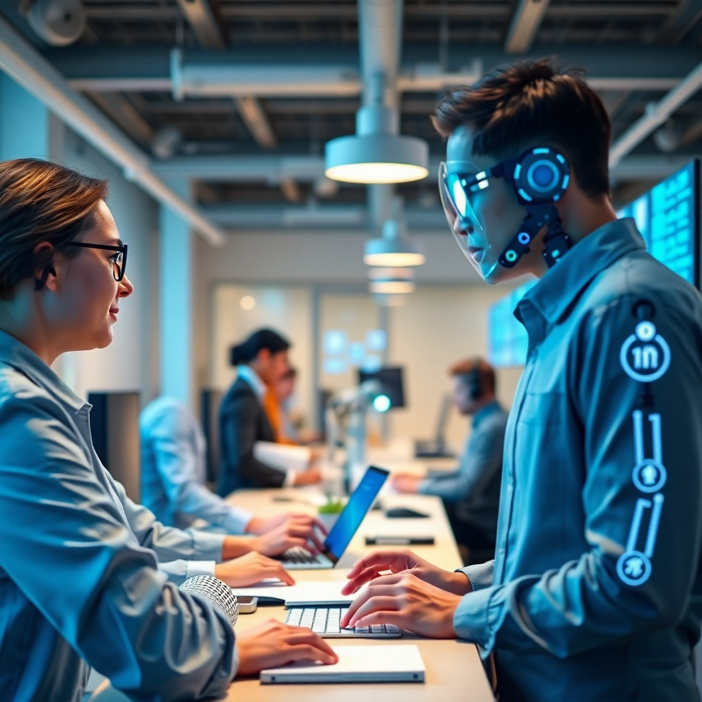 A professional, photorealistic image showcasing the integration of AI agents into business software. The scene features a consultant guiding a client through the integration process on a large screen. The lighting is soft and professional, creating a comfortable atmosphere. The color palette includes deep blues and white tones, reflecting technology and trust. The camera angle is slightly off-center, capturing both the consultant and the presentation. Textures should be sleek and polished, with a focus on professionalism. This image should be of high quality.