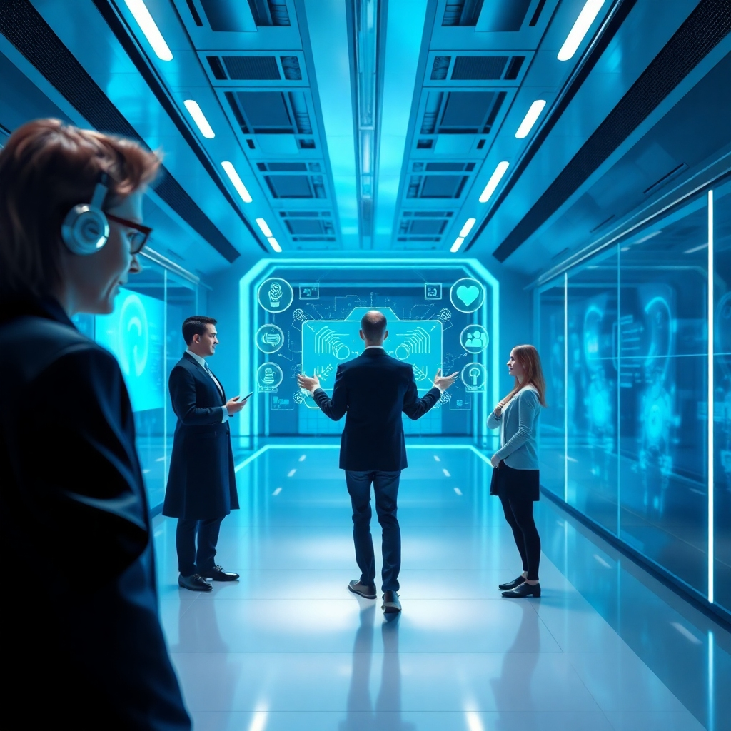 A futuristic image capturing the advanced capabilities of AI Voice Agents. The scene is set in a sleek, high-tech environment with holographic displays demonstrating real-time communication between people and AI. The lighting is cool, with futuristic tones like silver and blue creating a modern atmosphere. The camera angle highlights the interaction between users and the voice agents, underlining the technology's transformative power. The image aims for photorealistic detail that illustrates an exciting future.