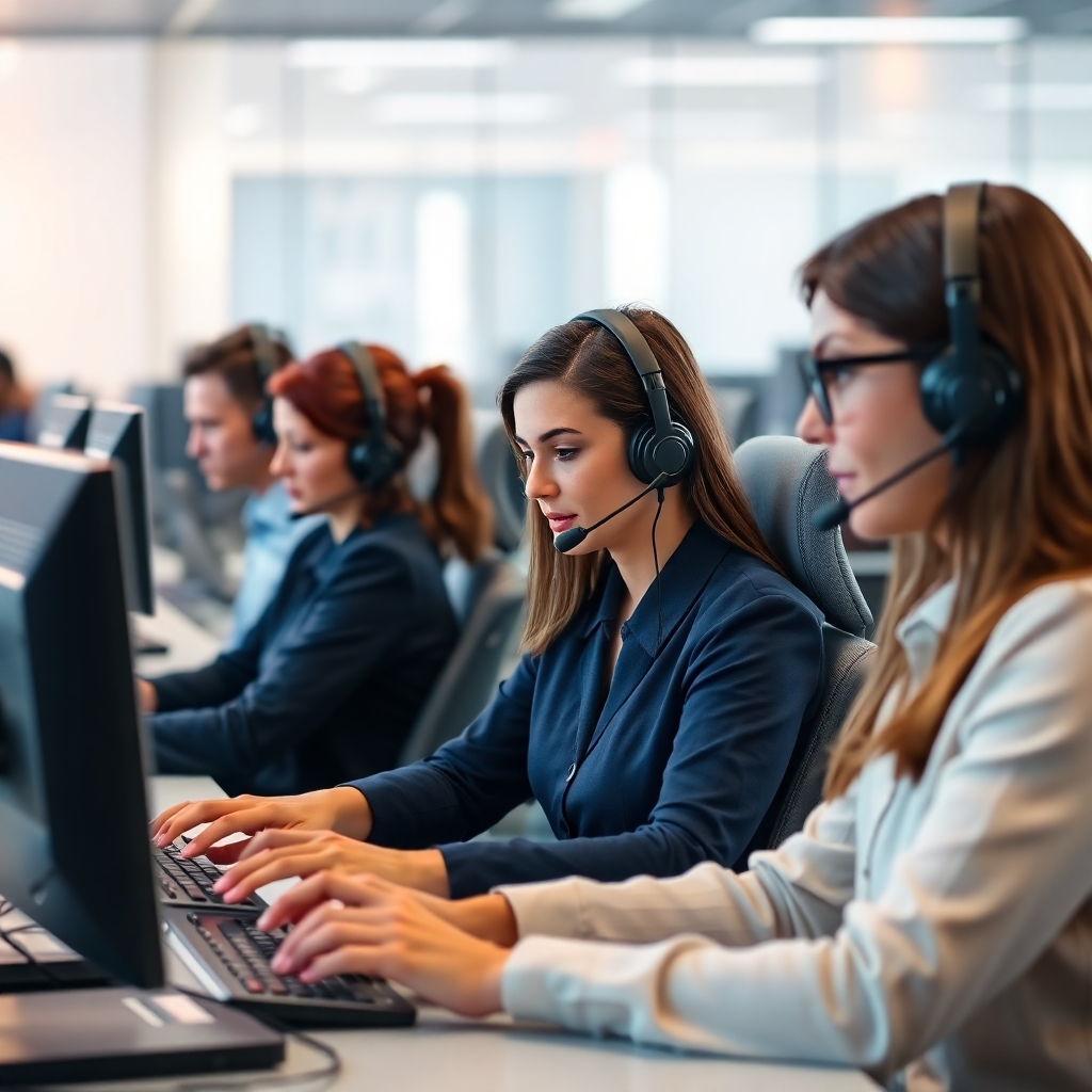 A high-quality image depicting a call center environment where AI Voice Agents are efficiently assisting customers on various devices. The focus is on the interaction between human agents and AI technology. Soft lighting and a professional atmosphere enhance the scene, showcasing an innovative approach to customer service. The image uses a mix of colors that convey professionalism and warmth, aiming for a photorealistic portrayal.
