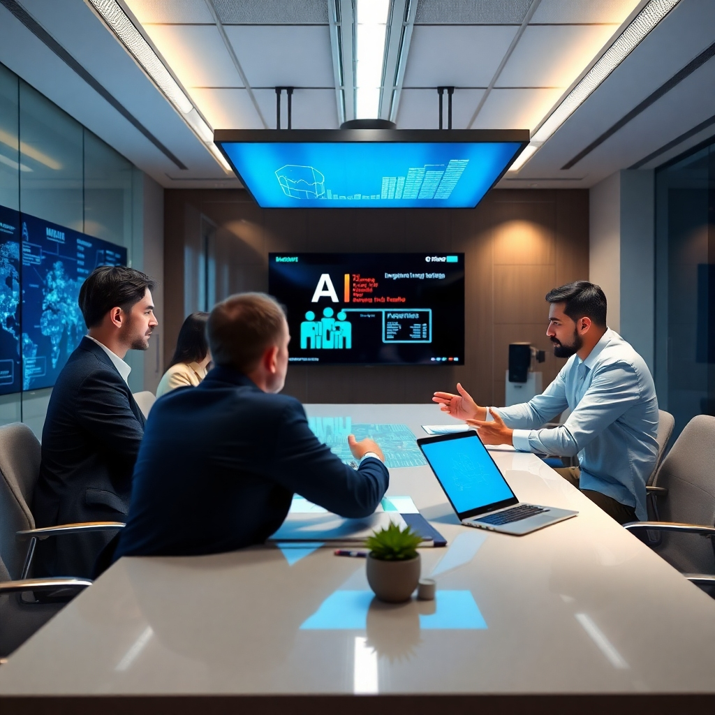 A high-quality image showcasing a consulting session with a team discussing AI implementation strategies. The meeting occurs in a contemporary conference room with digital displays and modern design elements. The lighting is professional, highlighting key points on the table. The atmosphere suggests dynamic discussions and innovative solutions.
