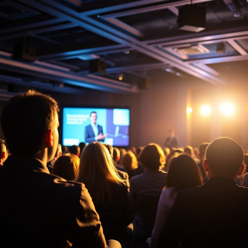 A lively, photorealistic image showcasing an audience captivated by a spokesperson video presentation in a corporate seminar. The lighting is bright and engaging, reflecting the excitement in the room. Attendees are leaning forward, eagerly watching, with the spokesperson visible on a large screen in the background. The color palette is vibrant, emphasizing the energy and interest of the audience. This image should encapsulate the power of visual storytelling in engaging viewers.