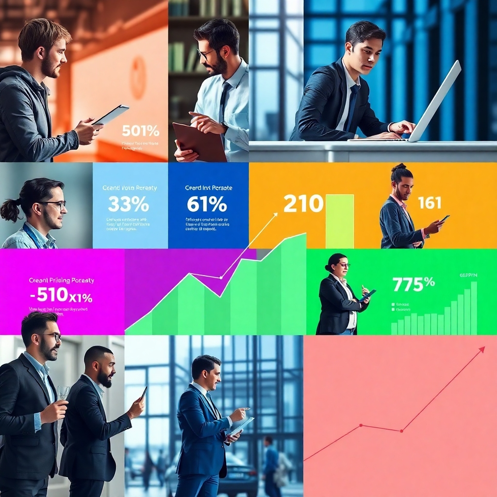 A vibrant, photorealistic image illustrating the role of AI agents in various industries. The scene depicts a bustling office with diverse professionals engaging with AI interfaces. Warm lighting enhances the scene, creating an inviting atmosphere. The color palette includes shades of blue and green, symbolizing progress and innovation. The camera angle is slightly panoramic, allowing a view of multiple interactions and activities. Textures should be realistic, reflecting the modern workspace and technological engagement. This image should also be in high resolution for detail.