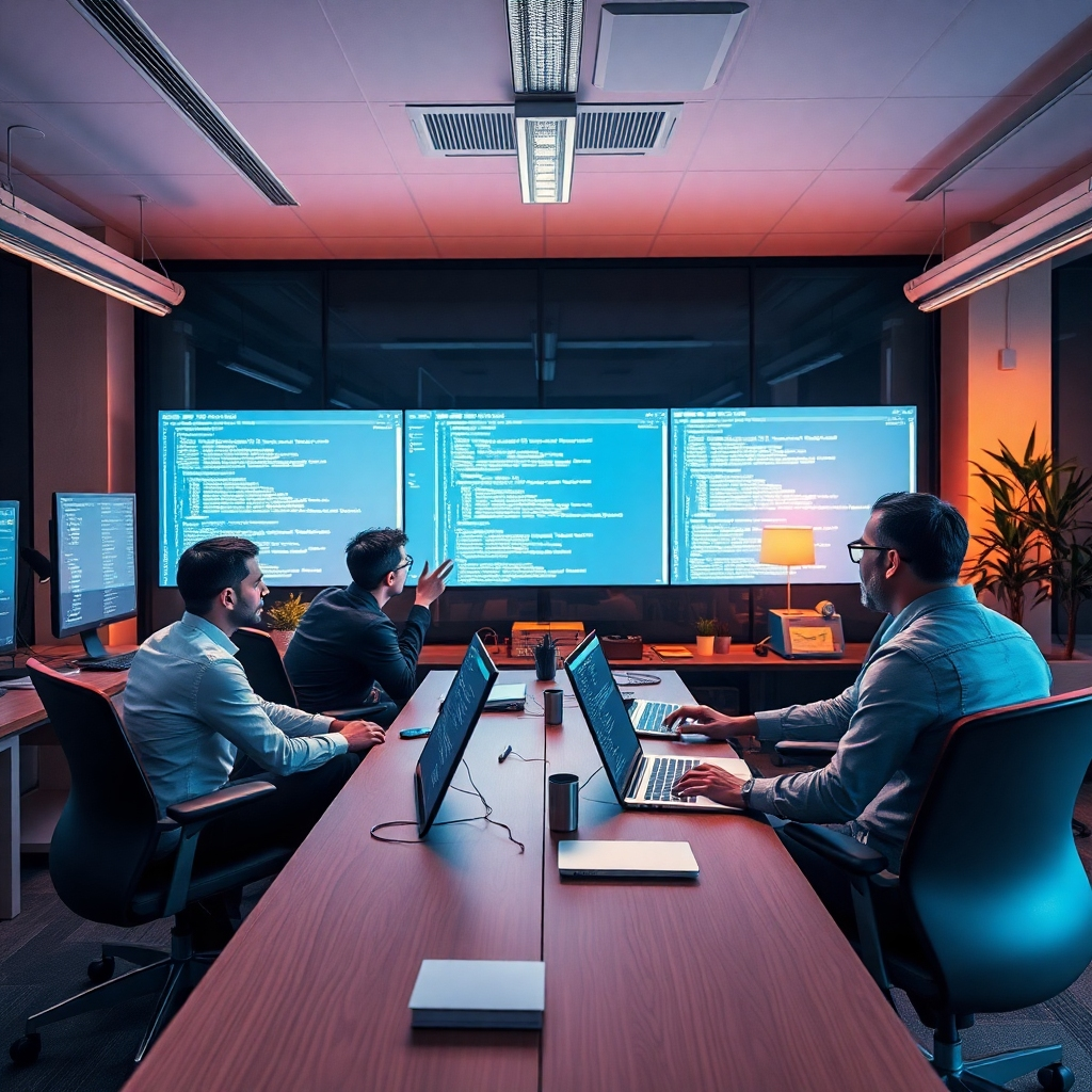 A photorealistic image depicting software engineers collaborating on AI Voice Agent development in a modern office. The atmosphere is dynamic, with screens displaying code and ideas. The environment is tech-savvy, characterized by sleek furniture and innovative tools. Warm lighting casts a productive glow, promoting creativity and teamwork.