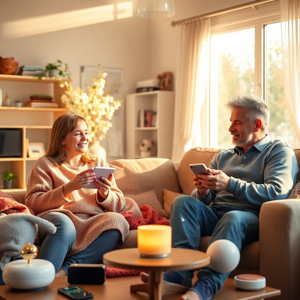A photorealistic image showcasing a family using AI Voice Agents in their daily life, from managing household tasks to enjoying leisure activities. The setting is a cozy home filled with warmth and sunlight. Various smart home devices are depicted around them, emphasizing convenience. Soft colors and natural textures create a welcoming environment.