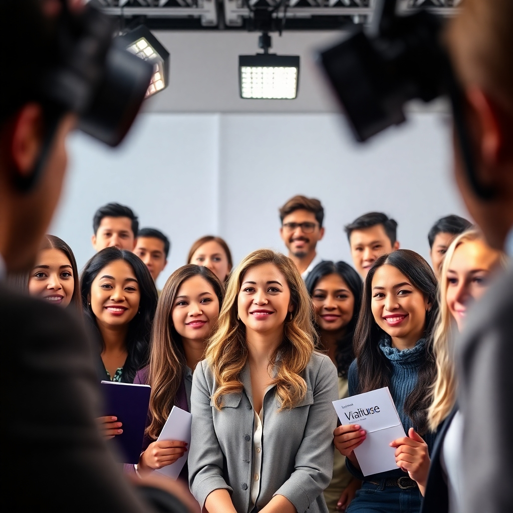 A polished image of a diverse group of candidates auditioning for a spokesperson role, framed in a bright studio setting. The lighting is professional, highlighting the candidates' expressions as they engage with the camera. Props such as branding materials are subtly included to contextualize the auditions. The background is blurred to keep the focus on the candidates, suggesting a lively and competitive environment. This image should resonate with themes of professionalism and the quest for authenticity.