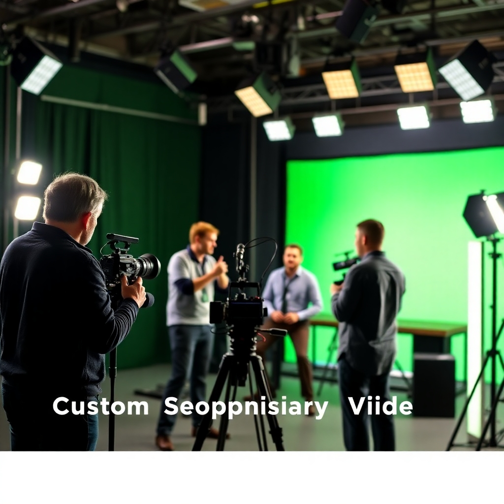 A professional image showing the process of creating a custom spokesperson video, with a director and crew working together in a studio. The lighting is focused, emphasizing the action taking place. You can see equipment like cameras and microphones in use, conveying a sense of professionalism and creativity. The background features framing lights and a green screen, hinting at the technical aspects of video production. This image should resonate with themes of collaboration and high-quality production.