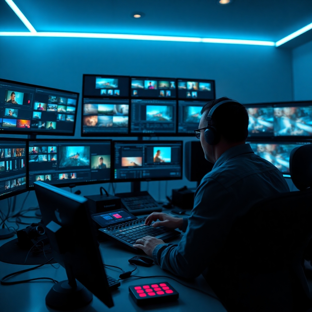 A sleek image capturing an editor at their workstation, surrounded by screens displaying various editing clips and timelines. The lighting is modern and focused on the screens, creating a high-tech atmosphere. Equipment such as editing tools and visual effects software are visible, suggesting a refined technical process. Elements of color grading and audio mixing tools should add to the professionalism of this environment. This image should convey sophistication and attention to detail in video production.