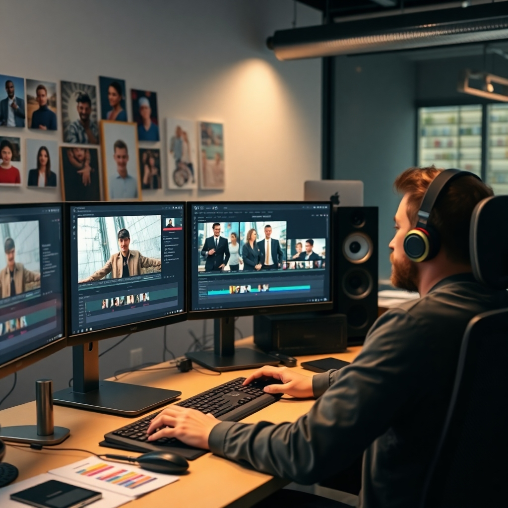 A sleek, photorealistic image of an editor working on a computer, with multiple editing screens showcasing video timelines. The atmosphere is modern and creative, with artistic elements such as storyboards and color palettes around the workspace. The lighting is bright but focused on the screen, emphasizing the intricate details of the editing process. This image should capture the intensity and creativity involved in crafting impactful spokesperson videos, reflecting a professional editing environment.