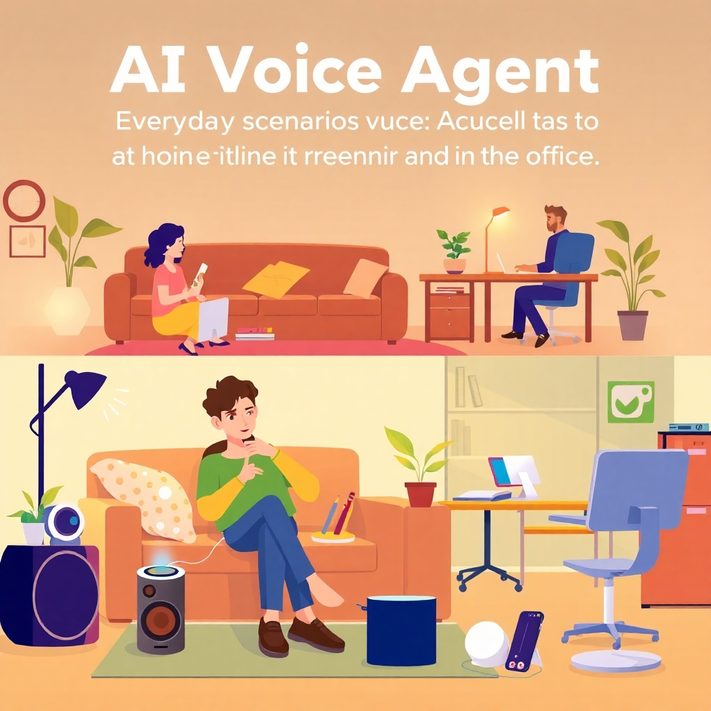 A stylized image featuring everyday scenarios where individuals use AI Voice Agents to streamline tasks at home and in the office. The setting includes a cozy living room and a tech-savvy office. The environment is warm and inviting with soft lighting, emphasizing the convenience provided by AI. Various devices are depicted, like smart speakers and phones, showcasing the seamless integration of AI into life. Vibrant colors enhance the scene's appeal.