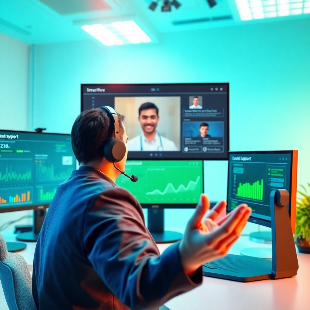 A vibrant, high-quality image demonstrating ongoing support for AI systems. The scene includes a support specialist assisting clients via video call, with multiple screens showing performance metrics. The lighting is bright, fostering an engaging environment. The color palette features greens and blues, symbolizing support and reliability. The camera angle is inviting, highlighting the communication aspect. Textures should be modern and tech-oriented, enhancing the sense of support. This image should also be rendered in high quality.