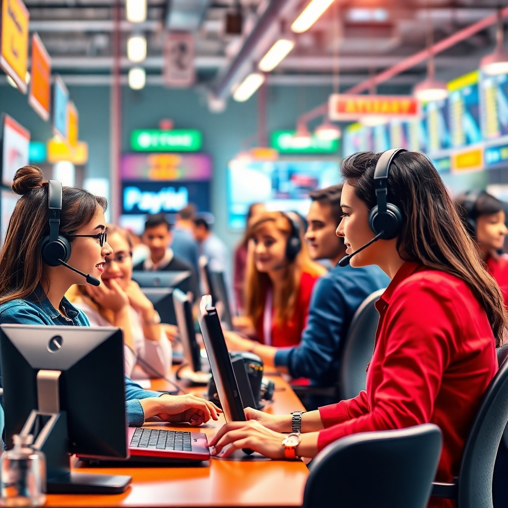 A vibrant image illustrating the always-on nature of AI Voice Agents in a bustling customer service operation. The environment is colorful, with digital interfaces and a diverse team leveraging AI technology. The composition highlights the speed and efficiency of AI responses. The lighting is bright and energizing, and the image seeks to evoke a sense of reliability and accessibility.