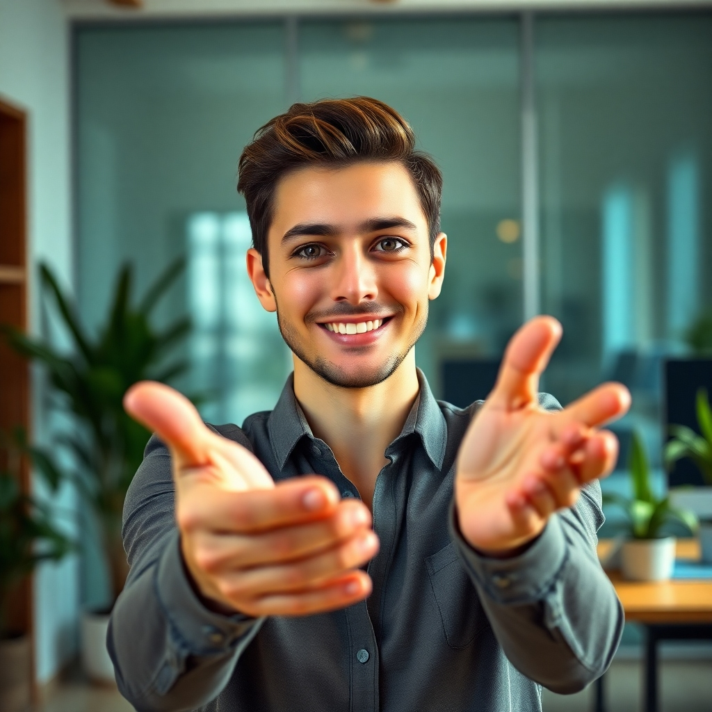 A warm, photorealistic image showing a spokesperson in an inviting setting, engaging directly with the camera. The lighting is soft and natural, creating an approachable atmosphere. The surroundings include elements that suggest a modern office, like plants and technology, to evoke professionalism. The spokesperson's expression is friendly and sincere, reaching out to the audience. The image should feel relatable and welcoming, with a rich color palette that enhances the warmth of the scene.