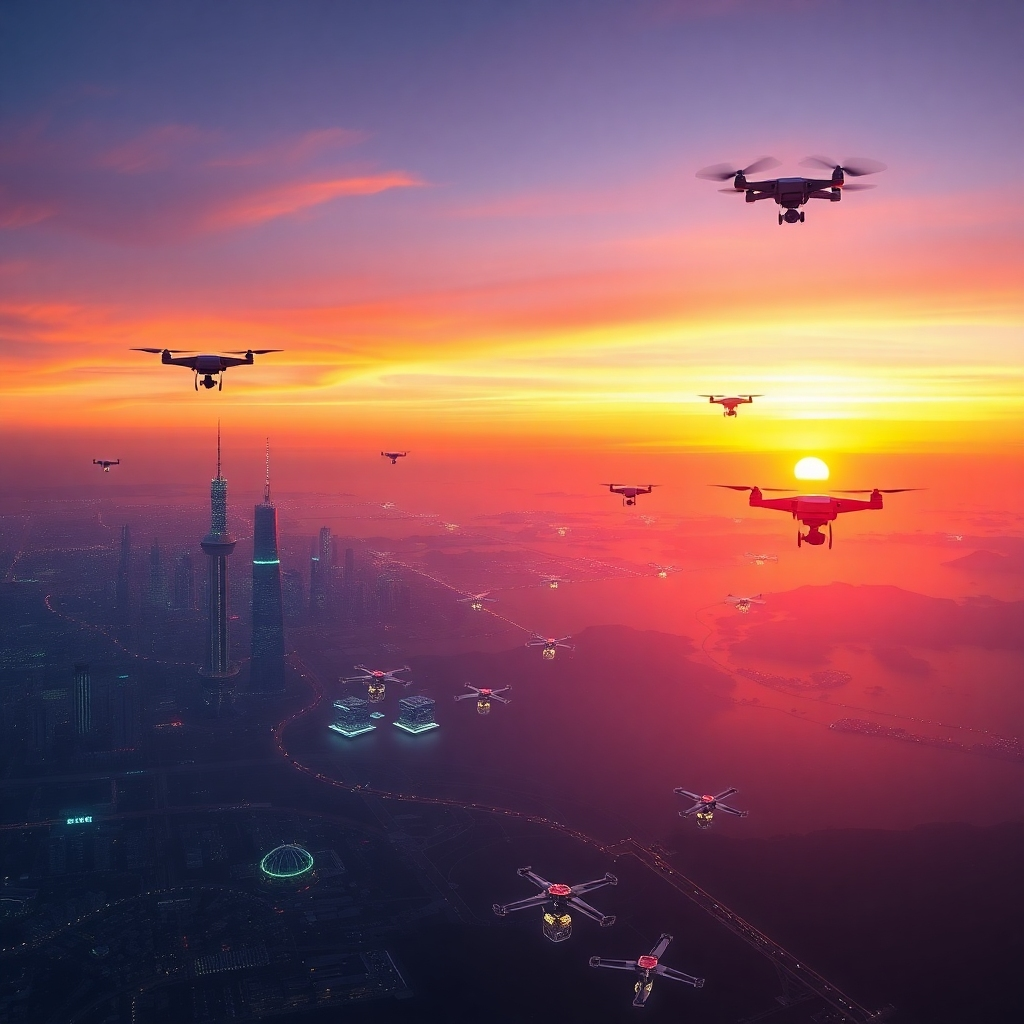 A futuristic, photorealistic image capturing the future of AI agents in a cityscape. The skyline features modern architecture with digital displays showing AI analytics and interactions. The lighting is bright and optimistic, symbolizing a prosperous future. A color palette of blues, whites, and metallics reflects high technology. The camera angle is elevated, giving a panoramic view of the city filled with smart technology. Textures should be sleek and polished, highlighting the advanced nature of AI. The image needs to be of high quality to convey the futuristic theme.