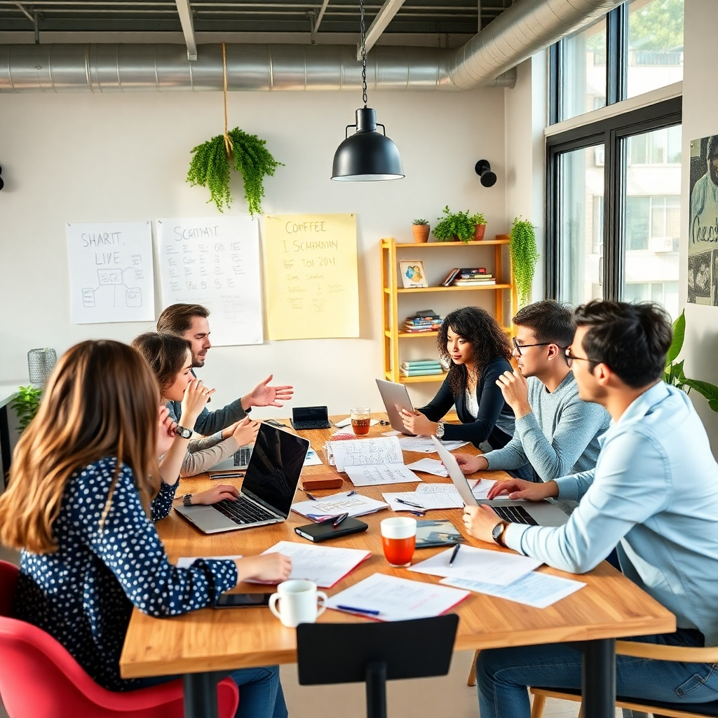An engaging image of a creative team brainstorming script ideas around a table, with notes and laptops open. The atmosphere is lively and collaborative, filled with natural lighting and motivating decor. Participants are animated in their discussions, illustrating the dynamic nature of brainstorming sessions. Elements on the table may include storyboards and coffee cups, emphasizing the creative process. This image should portray an inspiring environment for collaboration and creativity.