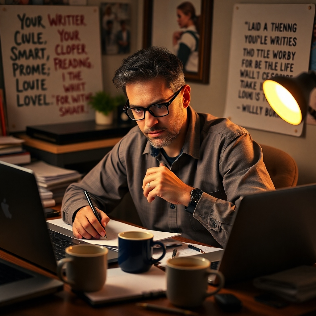 An engaging image showing a scriptwriter deep in thought, crafting compelling lines for a spokesperson video. The composition includes a cluttered desk with notes, a laptop, and coffee cups, suggesting creativity in progress. The lighting is warm and cozy, inviting an intimate feel, focusing on the writer's focused expression. Background elements may include inspirational quotes or images that resonate with the storytelling process. This image should convey the essence of creativity and diligence in scriptwriting.