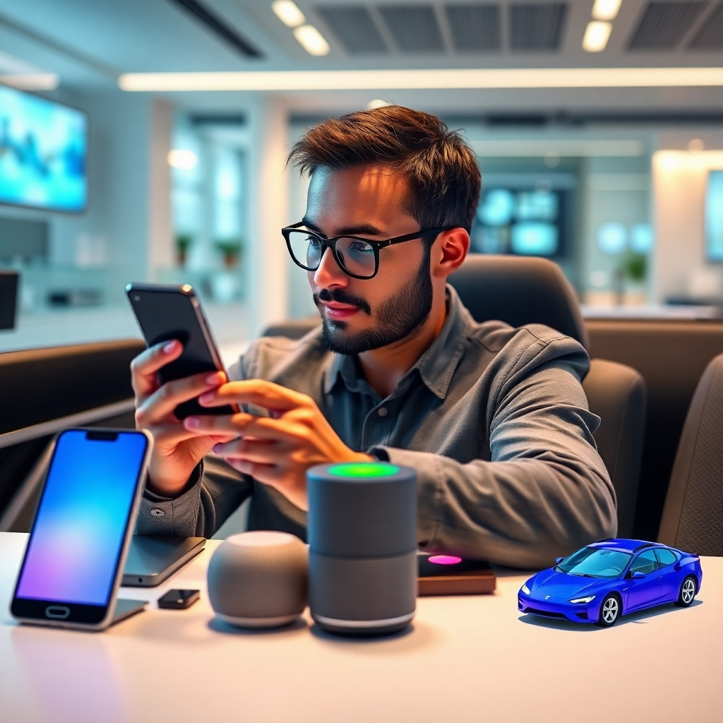An engaging image showing a user interacting with a range of devices—phones, smart speakers, and cars—demonstrating the boundless integration of AI Voice Agents. The environment is modern, with a sleek design aesthetic. Colorful tech details coupled with ambient lighting highlight the interconnectedness of devices and user experience, aiming for a clean, photorealistic look.