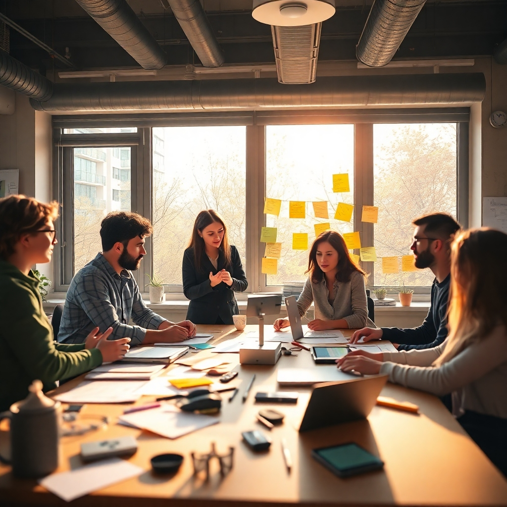 An engaging visual featuring a team of designers brainstorming on voice interaction concepts. The setting includes a creative workspace filled with post-it notes, sketches, and tech devices. Natural light spills in through large windows, creating a collaborative spirit. The image focuses on creativity and innovation in voice design.