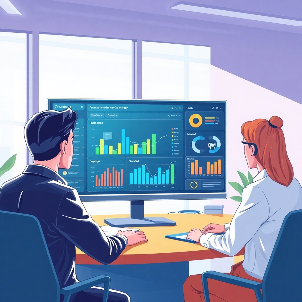An illustrative image showing the analytical side of AI Voice Agents, featuring a digital dashboard with graphical representations of customer interactions. The setting includes a modern office, with team members using the insights provided to enhance service strategies. The colors are crisp and professional, with shadows and highlights that signify importance, aimed for high realism.