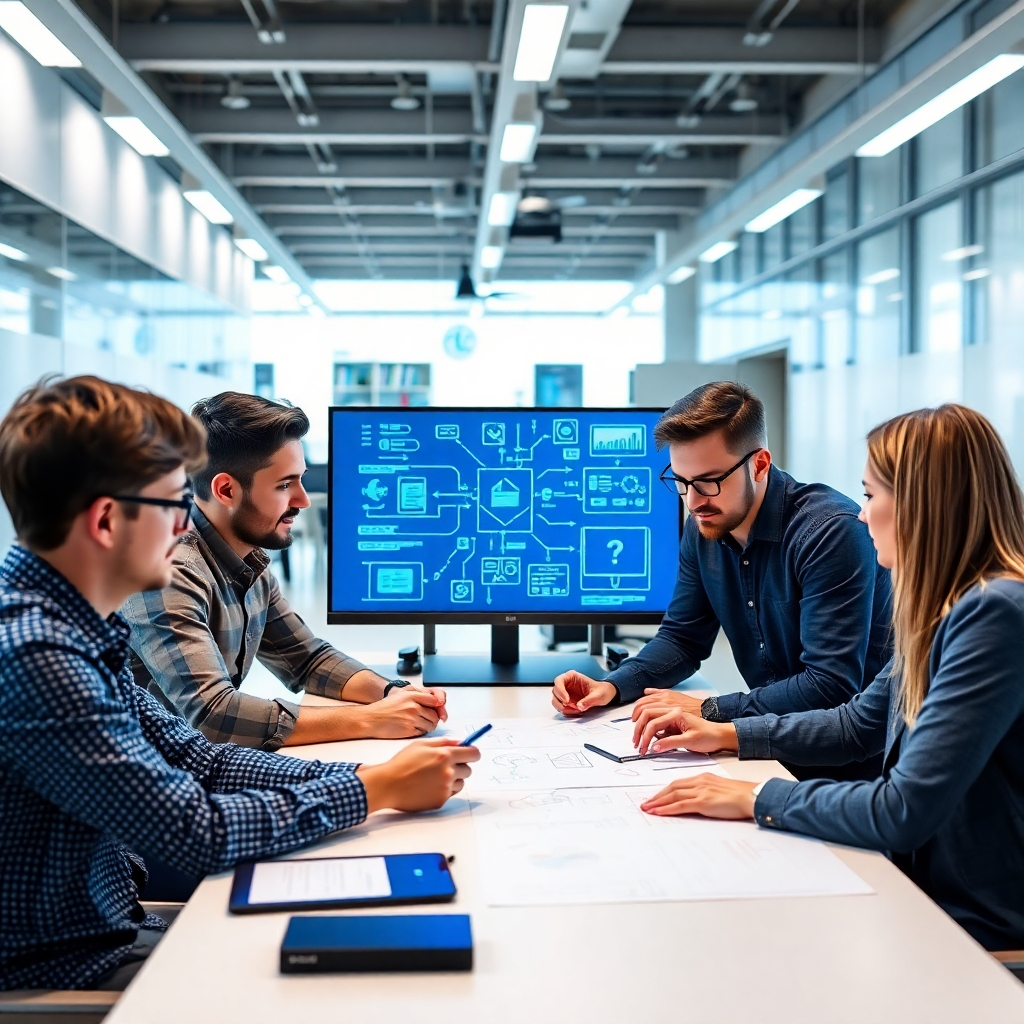 An engaging, high-quality image depicting a team of software developers collaborating on custom AI solutions. The environment is a modern tech hub with screens displaying code and AI algorithms. Bright, focused lighting enhances a sense of creativity and teamwork. The color palette features a mix of whites and blues, symbolizing collaboration and technology. The camera angle captures a close-up of team interaction, revealing detailed screens. Textures should reflect a dynamic and innovative workspace. This image must be in high resolution.