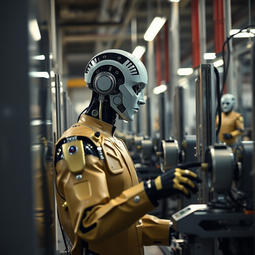 Create a scene where an AI agent operates a series of automated machines in a factory setting. The lighting is bright and focused on areas of action, showing the efficiency of machines working in harmony. The textures should represent a blend of metallic and digital elements. This image should evoke a sense of progress and innovation in a hyper-modern production environment.