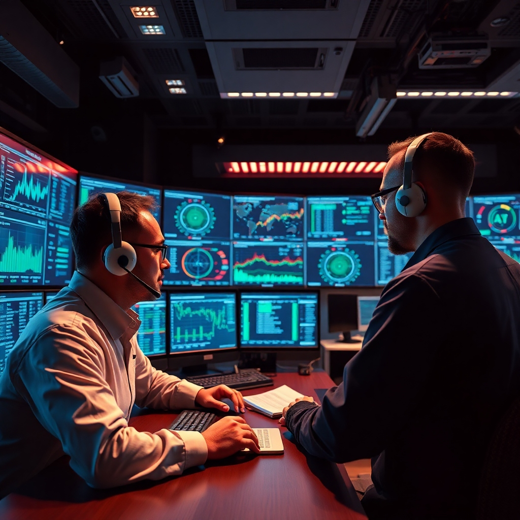 Create a setting where technicians monitor and troubleshoot AI systems in real-time. The control room features multiple screens displaying system performance metrics. Bright, focused lighting highlights the precision of their work. The textures are rich and technical, ensuring a sense of professionalism and reliability in maintaining cutting-edge AI technology.