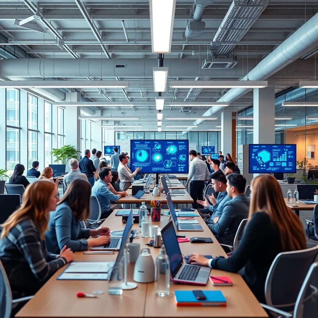 Create an image of a bustling corporate environment where employees are brainstorming while AI agents provide supportive data projections on screens. Capture excitement and innovation through action shots and an open plan feel. The lighting is bright and welcoming, ideally reflecting a forward-thinking approach to business.