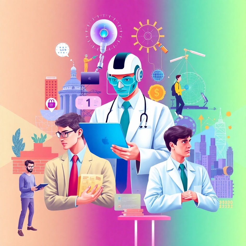 Depict a collage of various industry sectors where AI agents are in action—from a healthcare professional consulting an AI assistant to financial analysts utilizing intelligent predictions. Use a vibrant color palette to unify the different sectors, symbolizing interconnectedness. The look should be modern and detailed, showcasing a multitude of possibilities with AI.