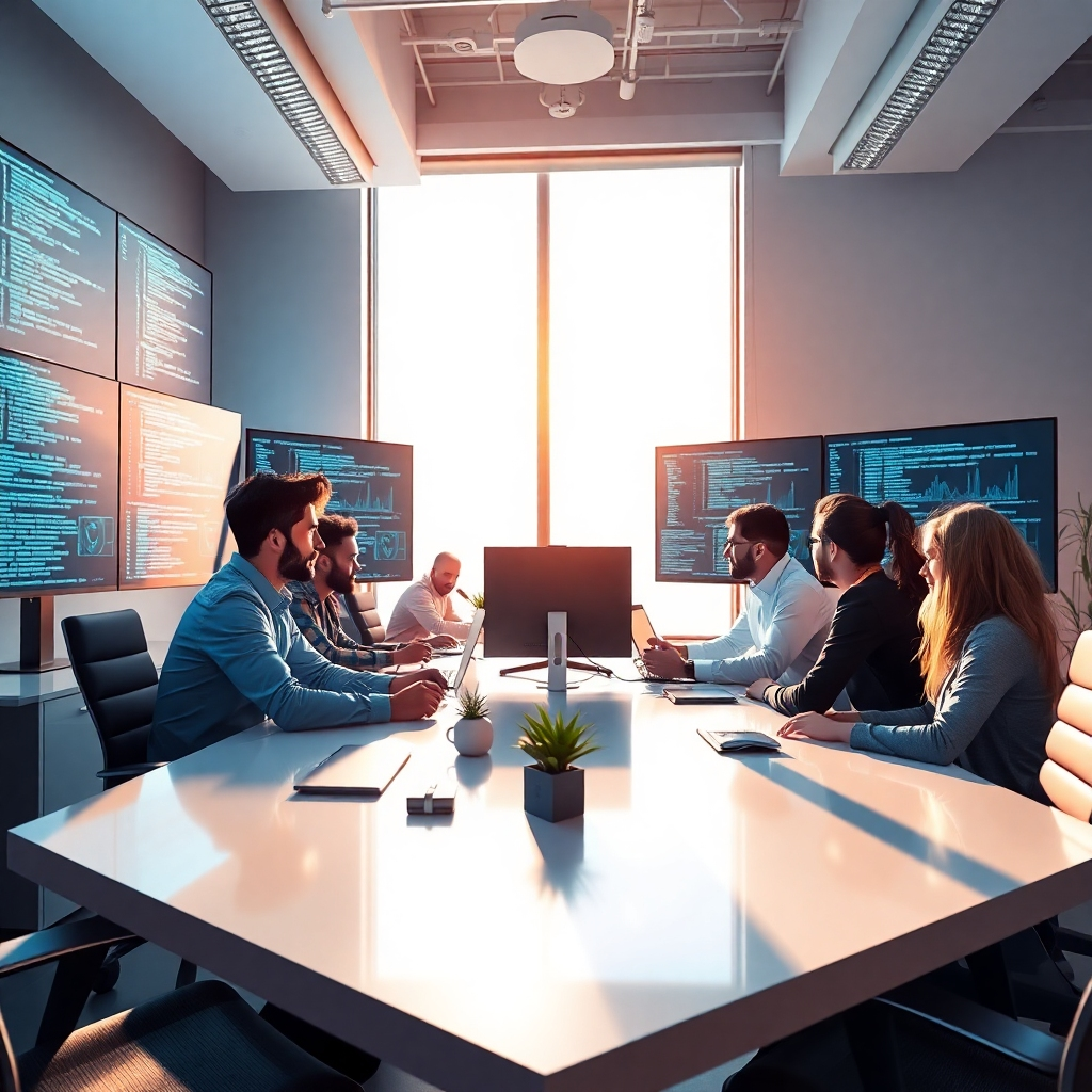 Design a stylized image that captures the essence of 'AI Agents'. The scene portrays a diverse team of developers collaborating in front of multiple screens filled with code and AI visualizations. Bright, inspiring light pours in from a large window, adding warmth to the cool-toned color palette. The texture of the environment is sleek, with polished tables and modern office decor. The image should be engaging and motivational, displaying energy and innovation, presented in high-quality 4K resolution.