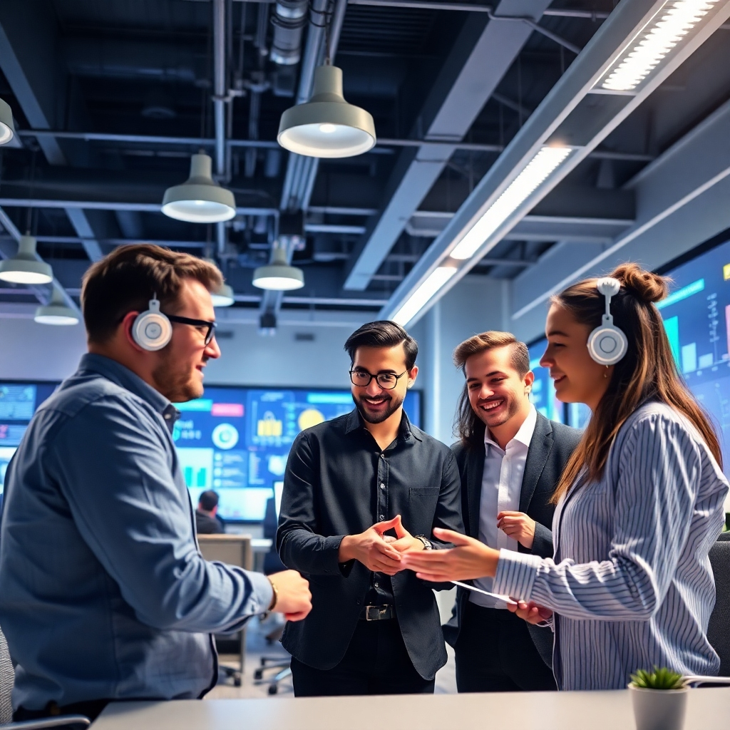 Envision an office space where employees are collaborating with AI agents, showcasing a modern team dynamic. The atmosphere is energetic, with bright overhead lights and colorful infographics on walls. The image highlights teamwork with humans and AI significantly enhancing productivity, depicted through visuals of interactivity and engagement in their tasks.