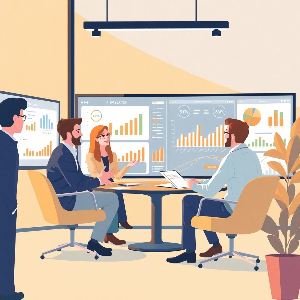 Illustrate a consulting session where experts are discussing AI integration with a client. The atmosphere should be professional yet engaging, with charts and data analyses displayed on large screens. Use a warm and inviting palette that represents collaboration and vision, with a modern office environment to suggest expertise and trust.