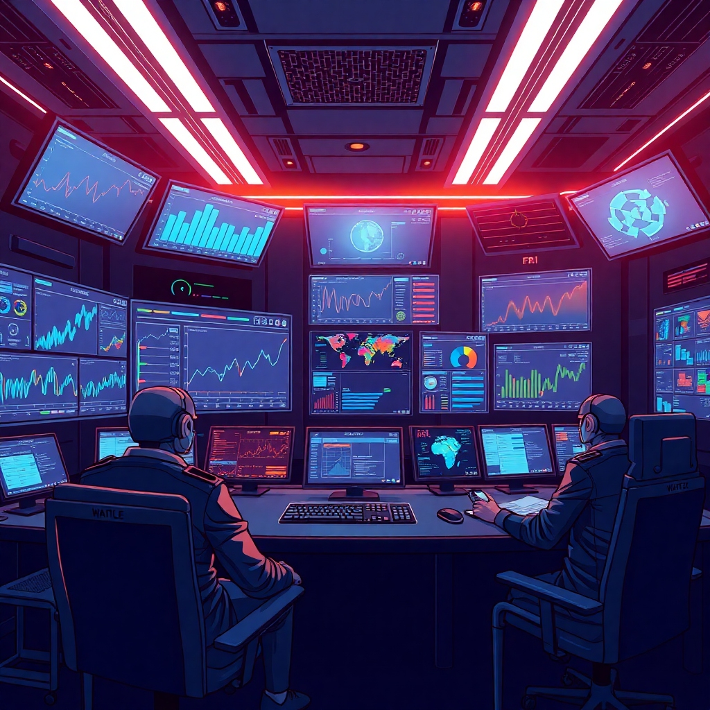 Illustrate a control room where AI systems monitor data streams in real-time. The screens proudly display dynamic graphs and analytics, while AI agents provide insights to operators. The room is illuminated with futuristic LEDs, creating a technological and efficient atmosphere. Colors should be a mix of dark tones with bright highlights representing data flow and urgency.