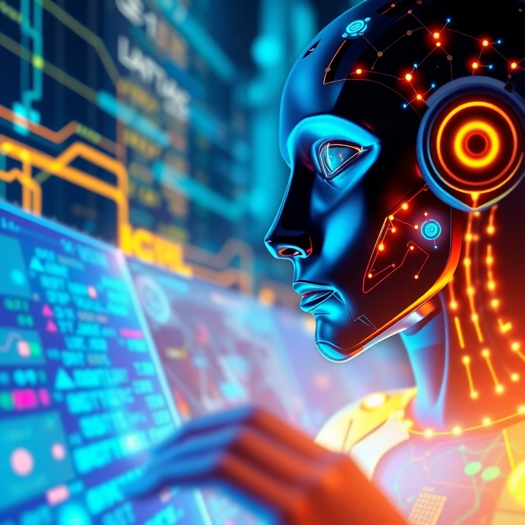 Illustrate a visual concept where an AI agent is interacting with digital data streams. The background should feature abstract representations of an intelligent system with glowing lines of code and data flow. Use vibrant colors like neon blue and green to highlight innovation. The perspective is a close-up of the AI agent analysis screen, showcasing its advanced functionalities in a futuristic environment.