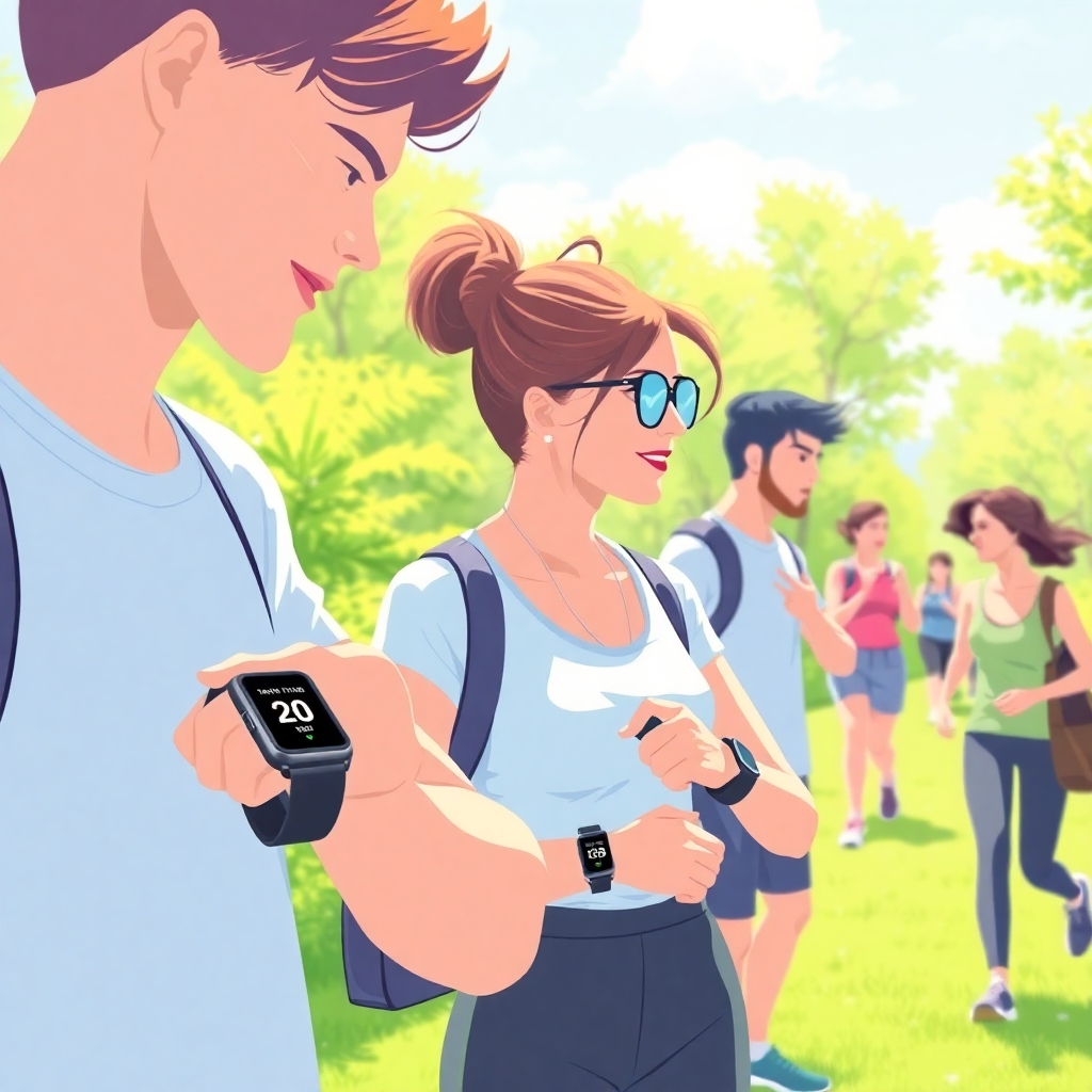 Illustrate an outdoor scene where people are utilizing wearable devices powered by AI, such as smartwatches that offer fitness tracking and health advice. The environment is lively and active, with bright light and vibrant greenery that conveys a sense of well-being and proactive living. The focus is on the integration of AI in improving lifestyle.