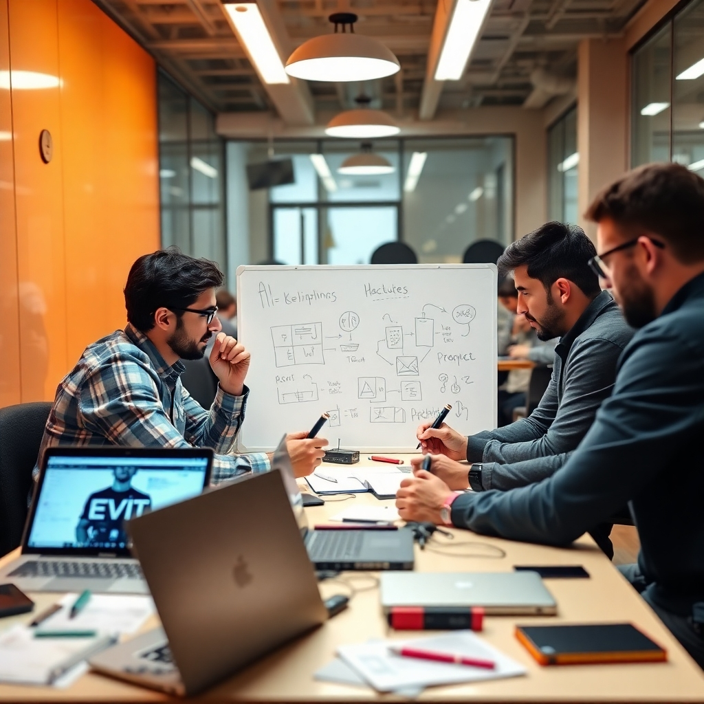 Portray a team of developers collaborating at a hackathon, sketching ideas on whiteboards and coding on laptops. The office is filled with prototypes and brainstorming sessions, showcasing an innovative spirit with dynamic energy, utilizing a mix of bright and focused lighting that indicates creativity in action, encapsulating the collaborative essence of AI development.