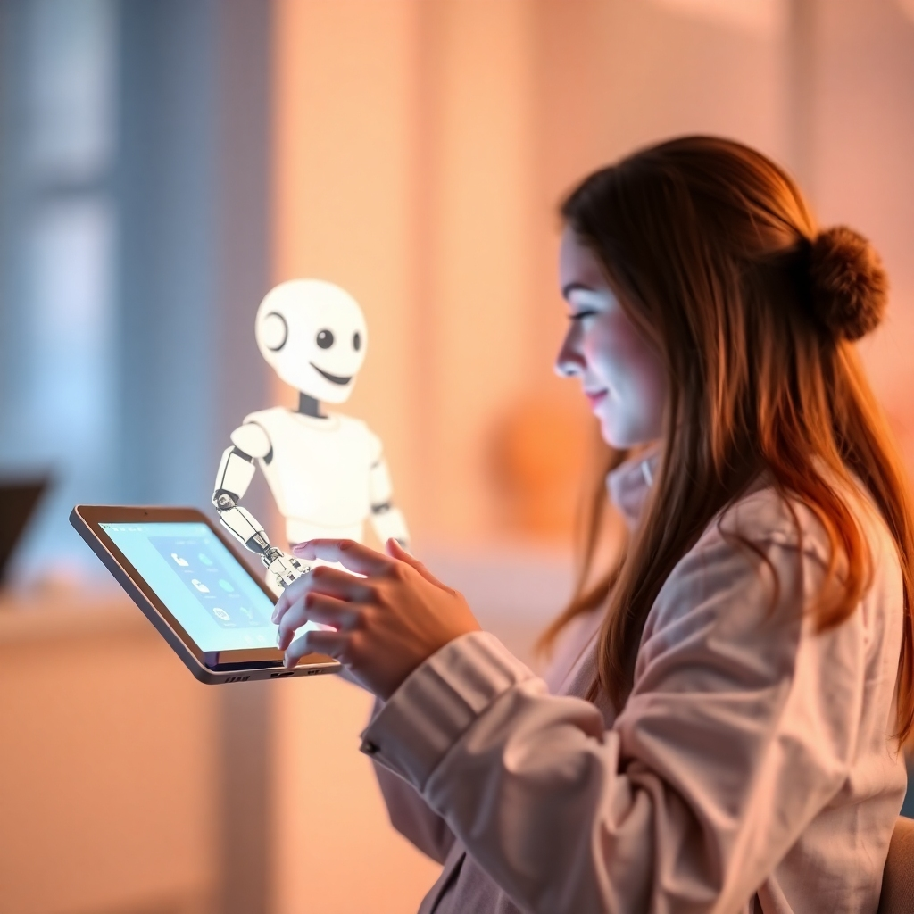 Show a one-on-one interaction between a user and an AI chatbot on a personal device, with a glowing interface. The background is softly blurred to maintain focus on the interaction, using a mix of pastel colors for a friendly feel. The image should convey clarity and customization in technology.