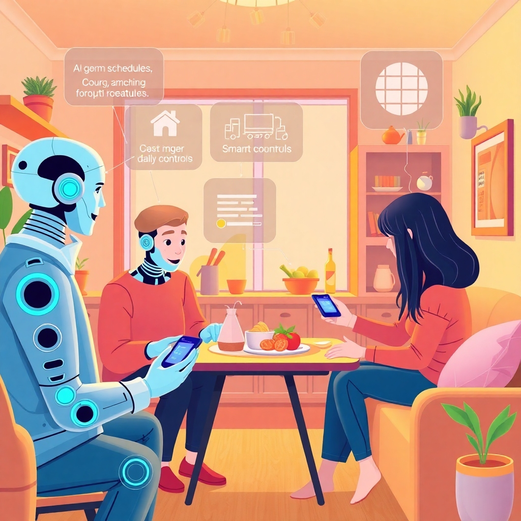 Visualize a vibrant home setting where AI agents are assisting family members in their daily routines, such as managing schedules, cooking, and smart home controls. Use warm colors to create a cozy atmosphere, and include details like touchscreen controls and family interactions to highlight user-friendliness and integration.