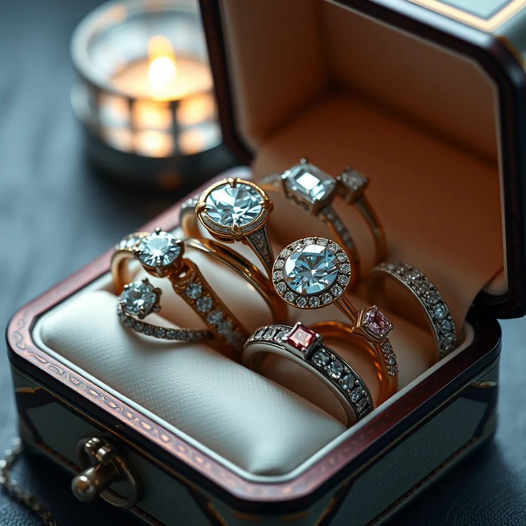 A close-up, photorealistic image of an open jewelry box showcasing a variety of rings. Highlight wedding and engagement rings with sparkling diamonds, and intricate designs suitable for both men and women. Include rings with different gemstone colors and metal bands.