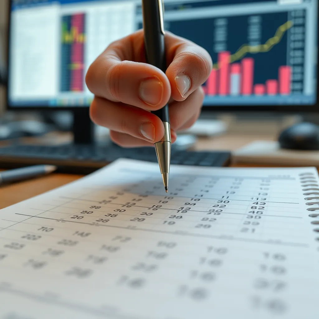 A close-up of a bookkeeping ledger with columns of neatly recorded numbers. A hand holding a pen hovers over the ledger, while a computer screen in the background shows accounting software. The scene is well-lit and organized.