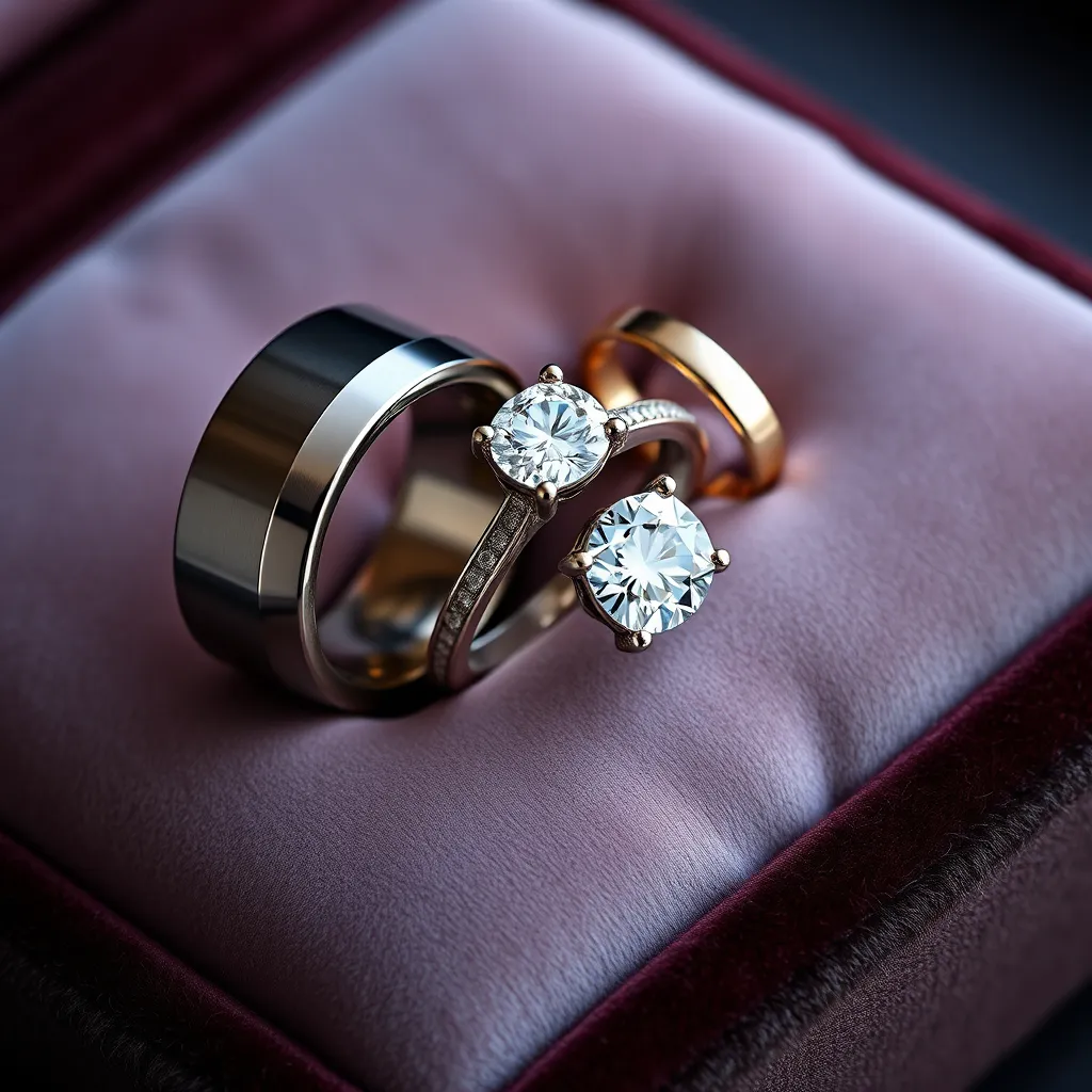 A close-up of an elegant display of rings including a men's bold titanium ring, a women's diamond engagement ring, and a stylish gold band. The rings are placed on a luxurious velvet cushion, with soft lighting enhancing the sparkle of the gemstones.