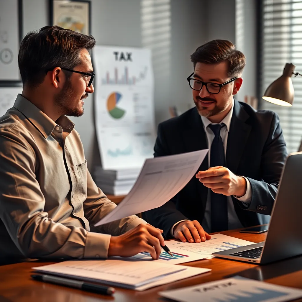 A confident tax advisor discussing tax strategies with a small business owner, using graphs and charts, with a backdrop of tax-related documents and a well-organized desk.