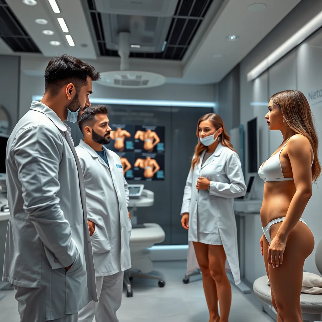 A detailed, photorealistic image of a modern medical facility with both male and female clients discussing body contouring options with specialists. Visuals include areas like the abdomen, thighs, and arms, visually emphasizing enhanced, contoured body shapes.