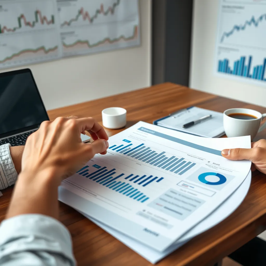 A detailed financial report on a wooden desk, with a pair of hands pointing to charts and graphs. Surrounding the report are a laptop, a cup of coffee, and financial charts on the wall. The setting is a modern office.