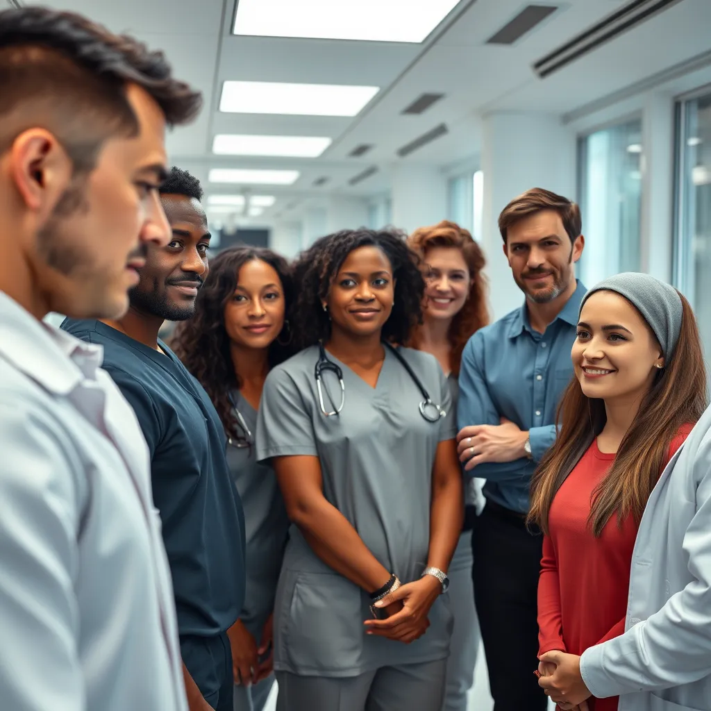 A high-quality, photorealistic image of a diverse group of men and women in a bright, upscale clinic setting. The individuals are interacting with cosmetic surgeons, showcasing before-and-after imagery of facial rejuvenation procedures like facelifts, rhinoplasty, and Botox.