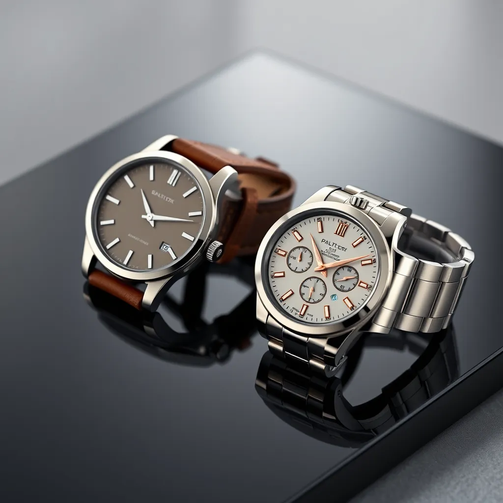 A high-quality, photorealistic image of designer watches displayed on a sleek black surface. One watch features a leather strap and a minimalist face, while another has a metal band with a sophisticated, detailed watch face. Soft lighting highlights the craftsmanship and detail of each watch.