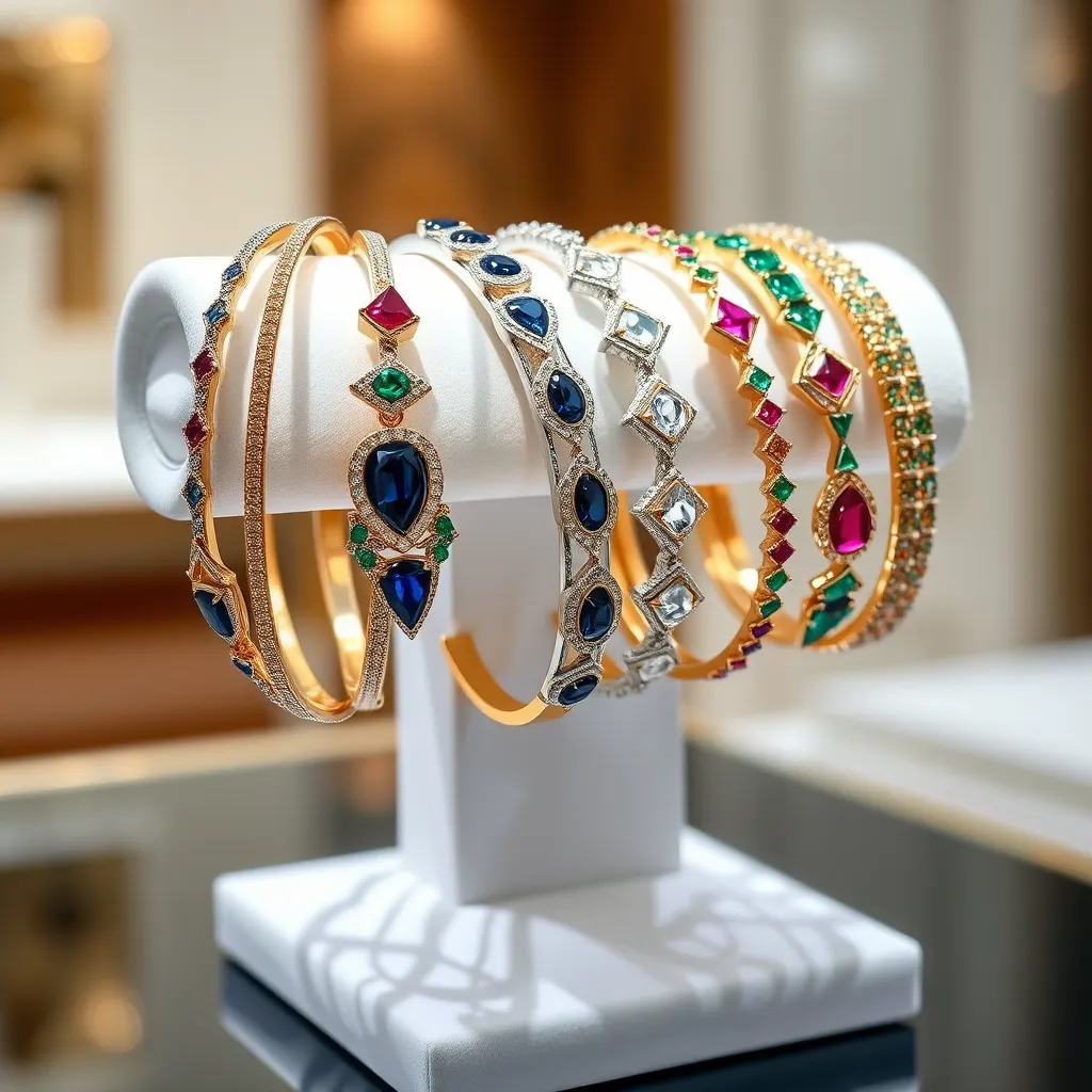 A high-quality, photorealistic image of several bangles and bracelets displayed on a white velvet stand. They feature a mix of gold, silver, and platinum materials, each adorned with precious gemstones like sapphires, rubies, and emeralds. The lighting highlights the shine and intricate work on each piece, with a soft focus on the background.