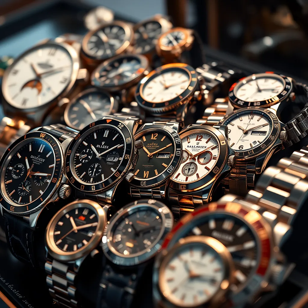 A high-quality, photorealistic image of a luxurious display of designer watches. Show various styles including classic, modern, and sporty, with intricate details on their dials and straps. Include both men's and women's watches, emphasizing precision and elegance.