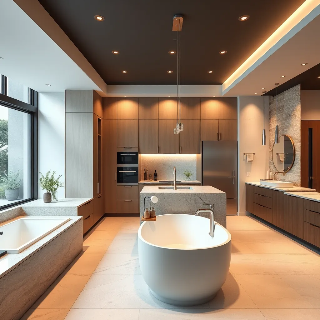 A high-quality, photorealistic image of a modern kitchen and bathroom renovation. The kitchen should feature sleek cabinetry, a large island, state-of-the-art appliances, and contemporary lighting. The bathroom should have a luxurious bathtub, modern fixtures, and elegant tilework.