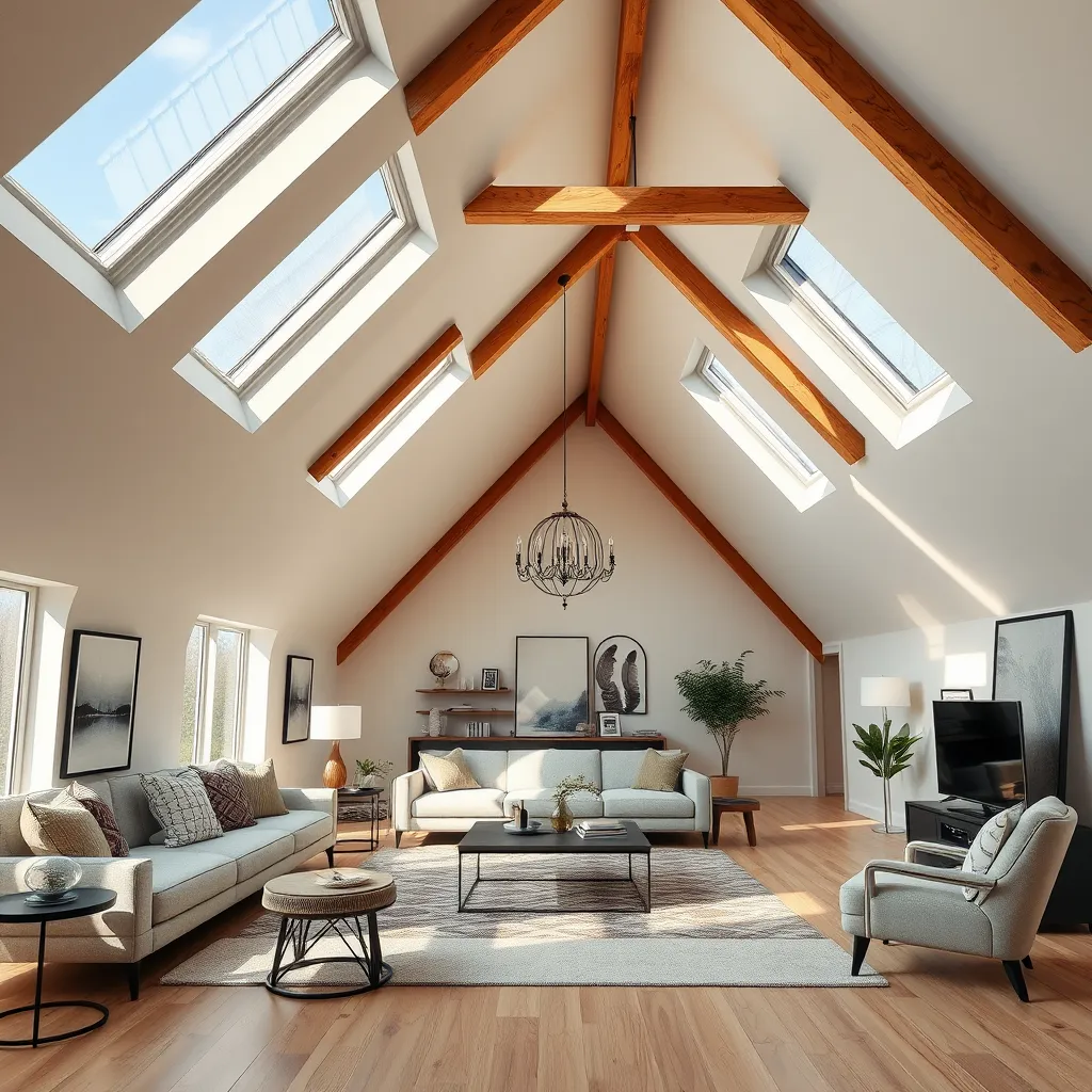 A high-quality, photorealistic image of an attic transformed into a bright, modern living space with large skylights, cozy furniture, and elegant decor. The room should have a mix of natural and artificial lighting, with wooden beams and a comfortable seating area.
